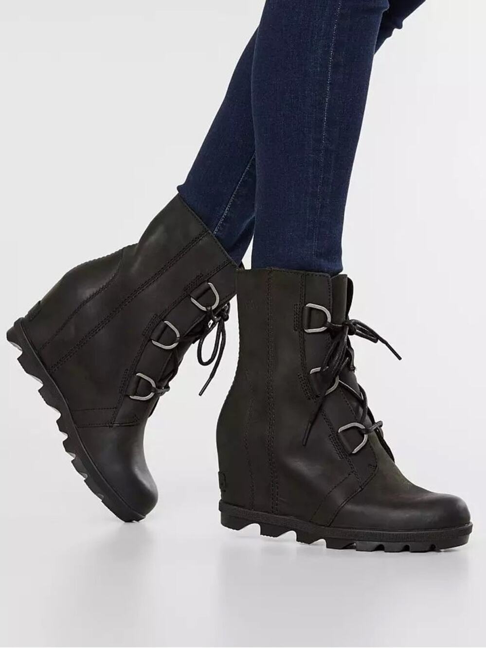 Sorel Joan Of Arctic Black Leather Waterproof Wedge Lace Up Boots Size 8.5